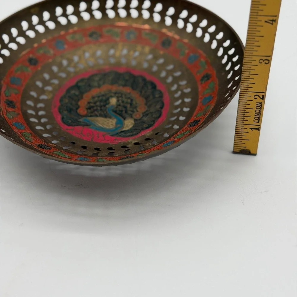 Vintage Enameled Brass Peacock Bowl Pierced Edges Hand Painted India 7.25in